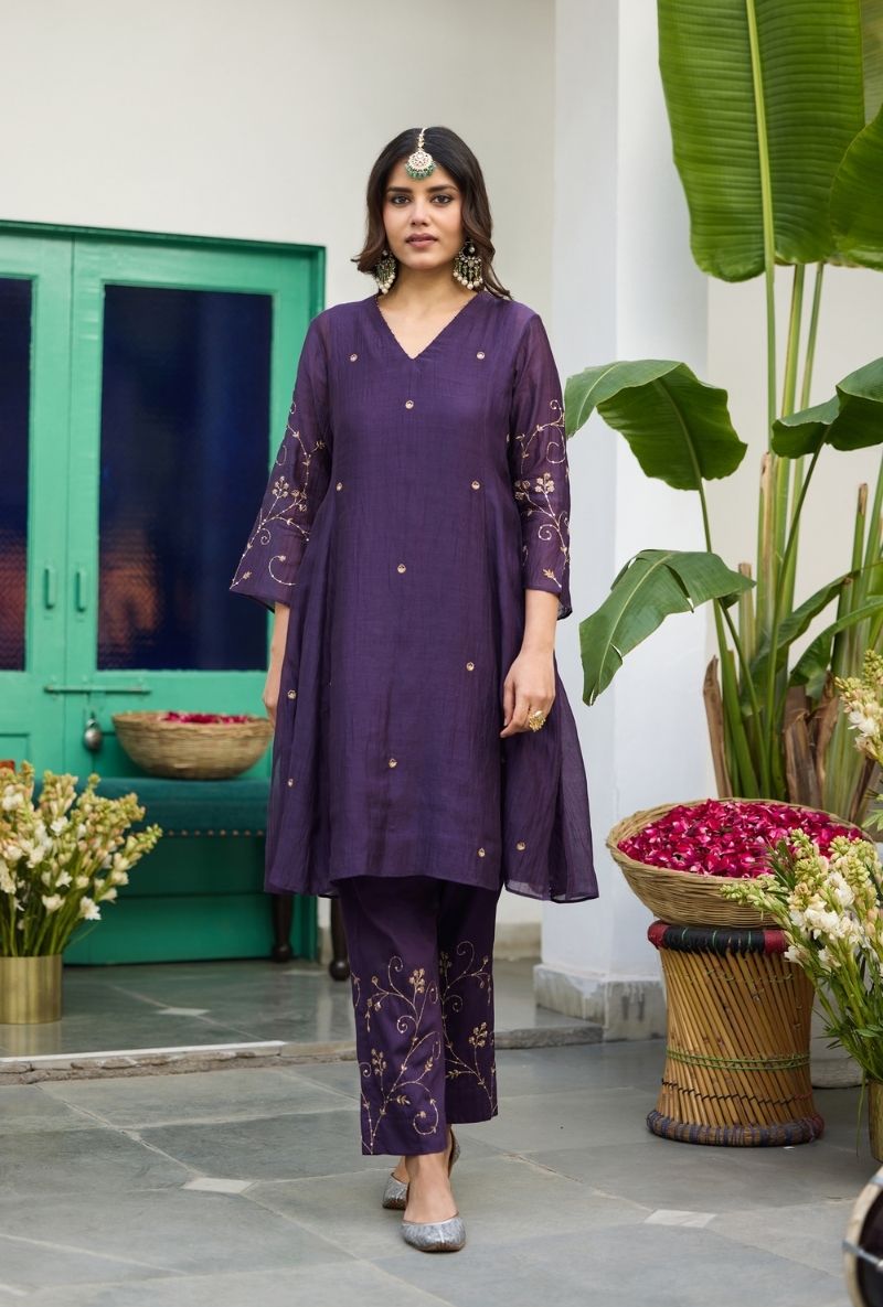 Purple Zari &amp; Dabka Work Urvi Kurta Set