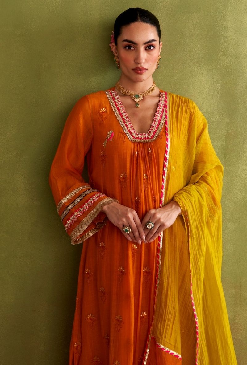 Orange Bird Motif Morbagh Kurta Set