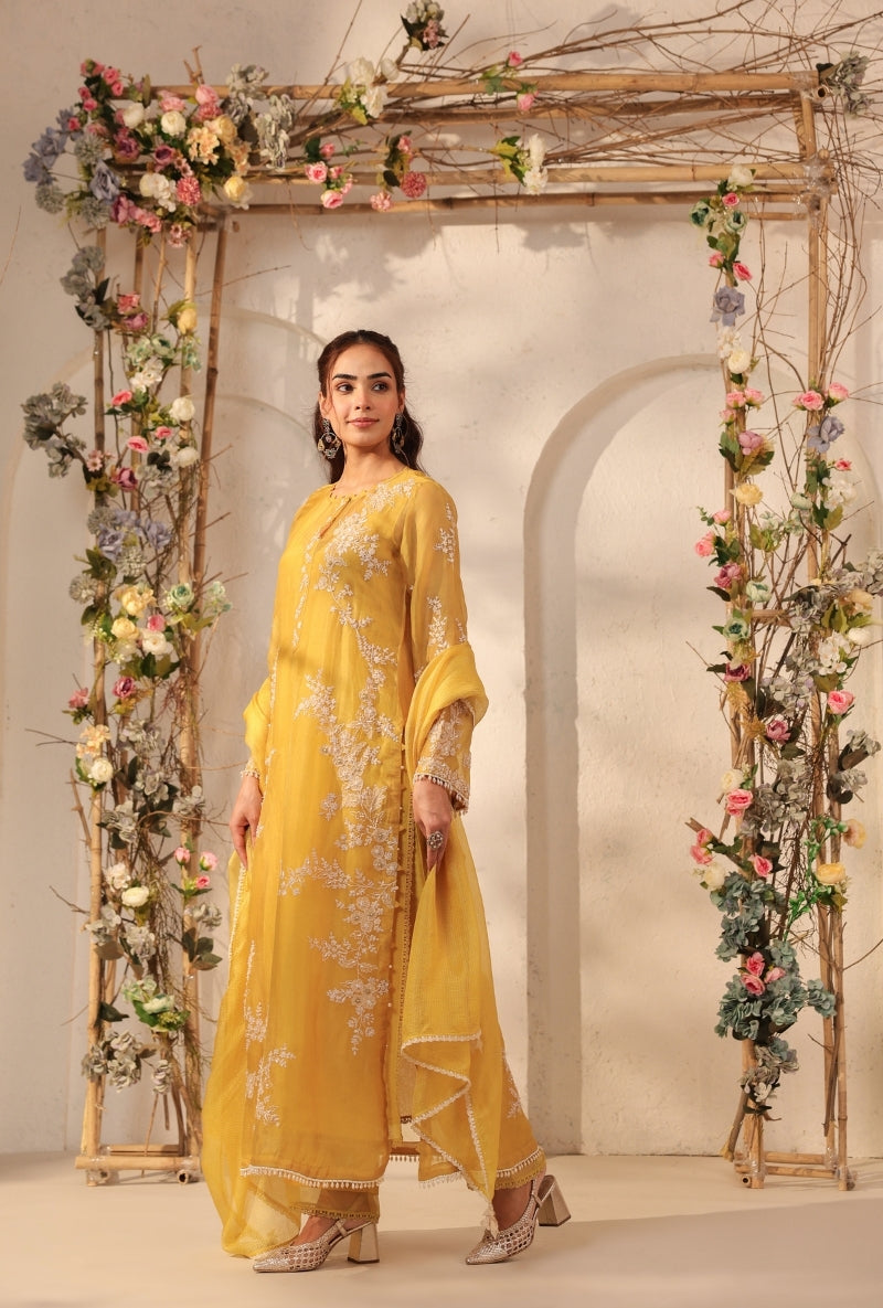 Yellow Jaal Straight Saaz Kurta Set