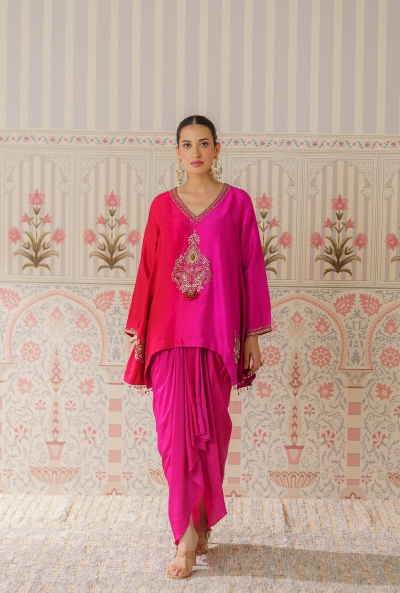 Pink &amp; Red Ombre Motif Hand Embroidery Mallika Kurta Set