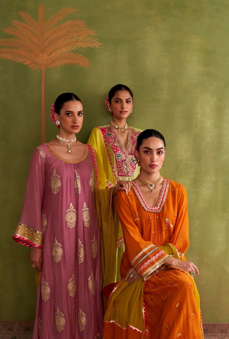 Orange Bird Motif Morbagh Kurta Set