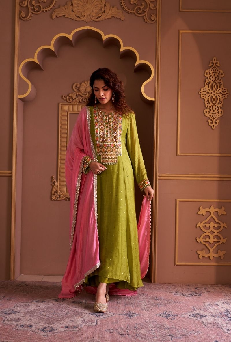 Green Rectangle Gota Yoke Rasia Kurta Set