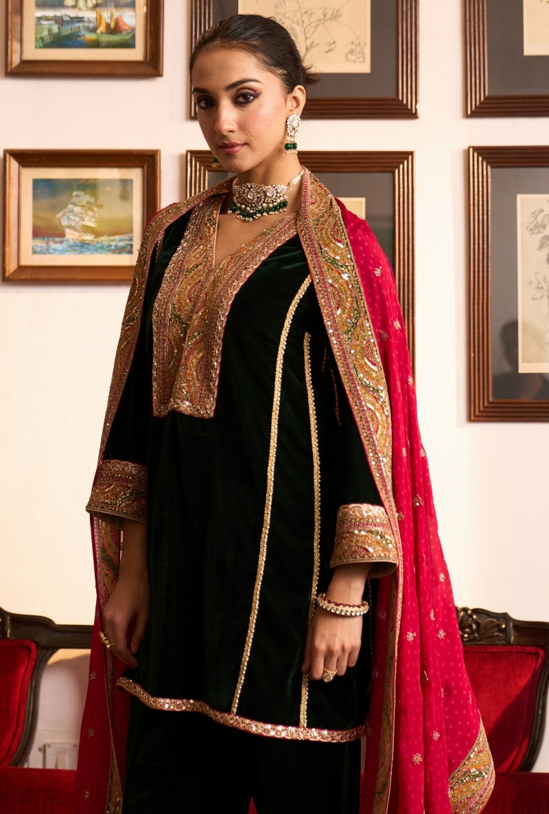 Bottle Green Short Kalidaar Dilbar Farshi Salwar Set