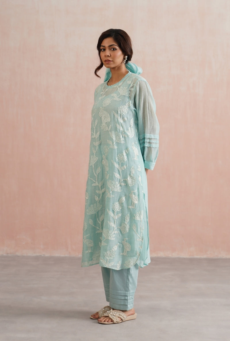Pale Blue Applique And Pearl Embroidered Prisha Kurta Set