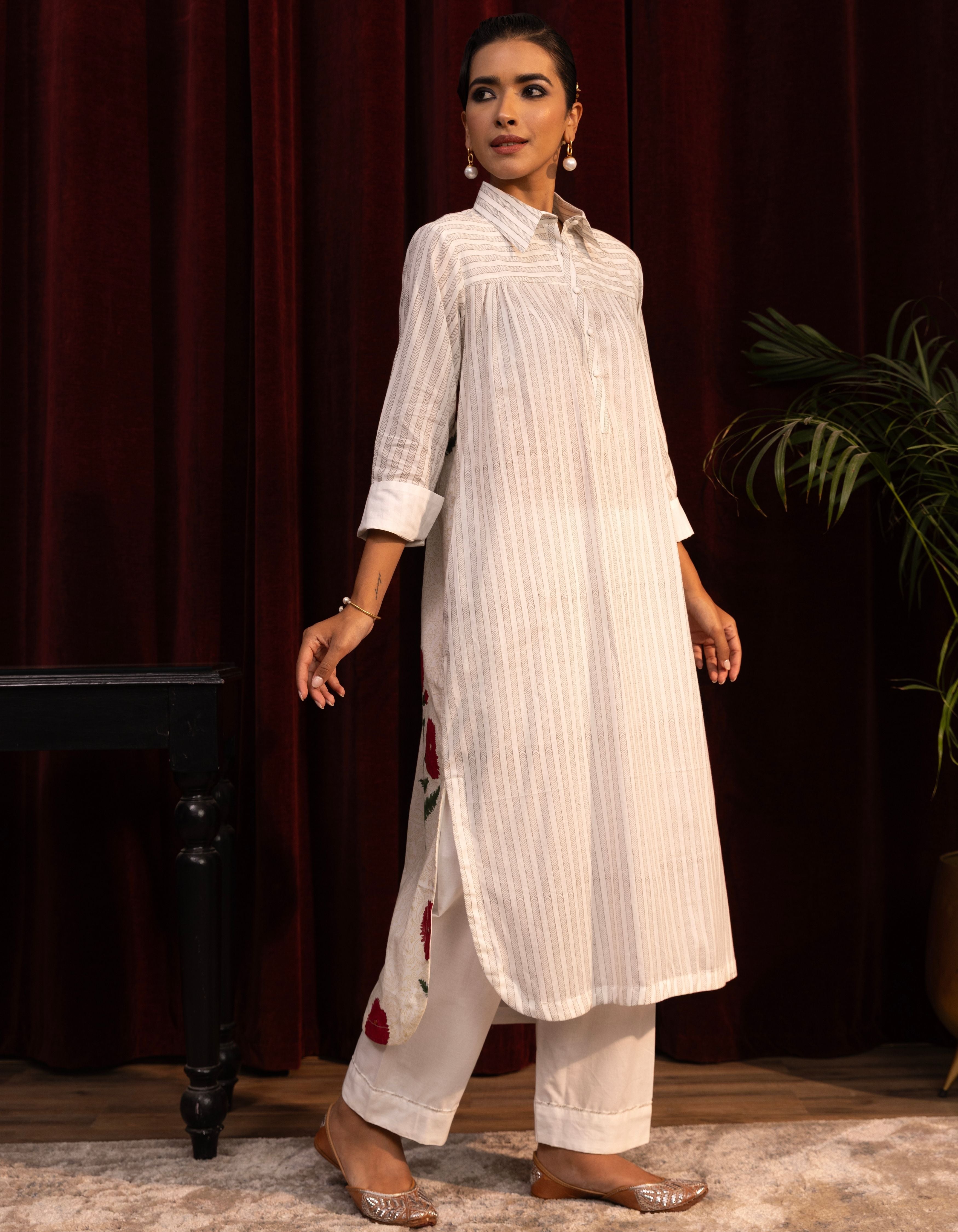 White Mughal Poppy Block Print Mogra Kurta Set