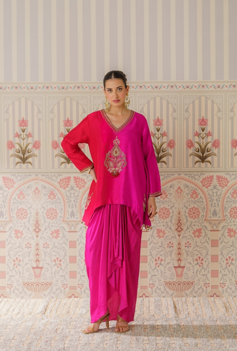 Pink &amp; Red Ombre Motif Hand Embroidery Mallika Kurta Set