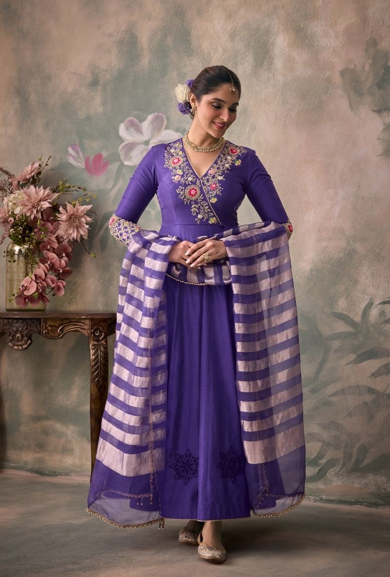 Purple Overlap Embroidered Yoke Jalsa Anarkali Set