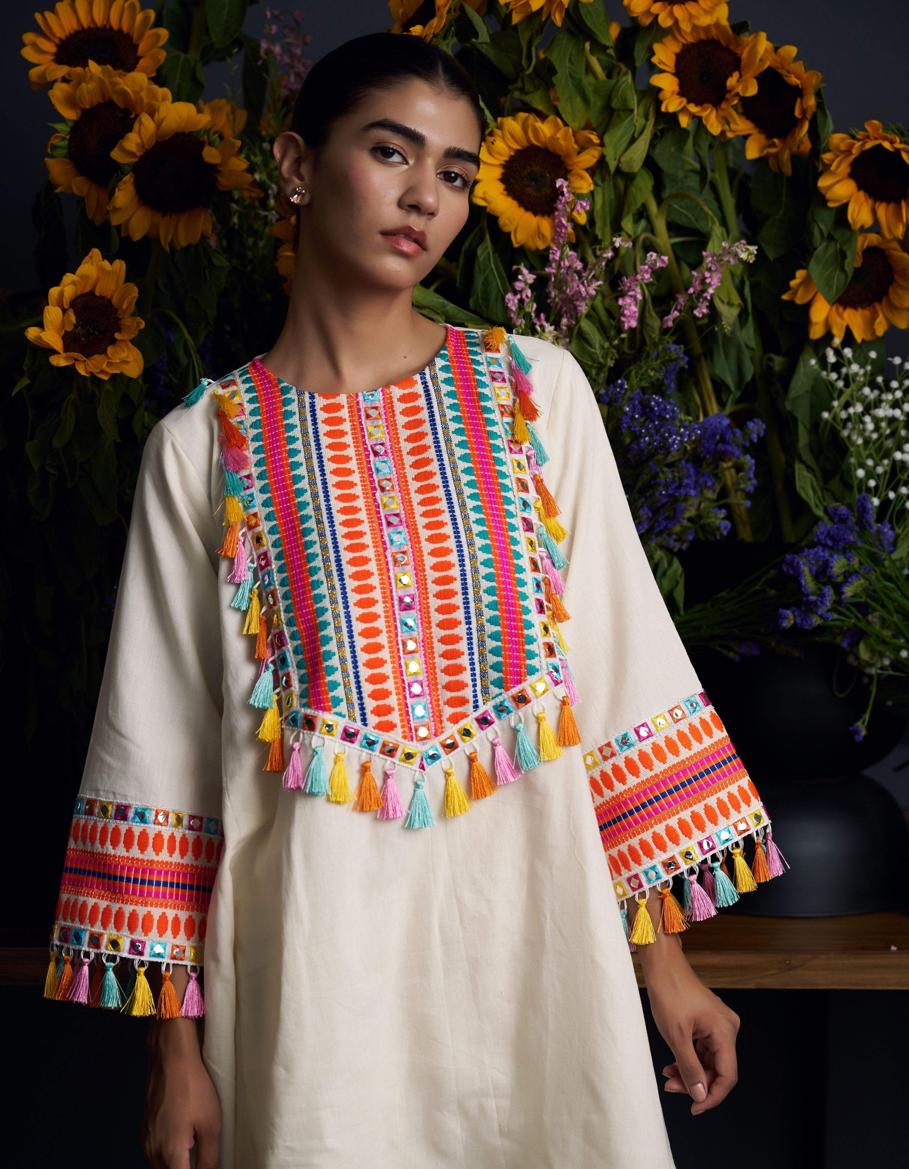 Beige Multi Colour Yoke And Tassels Rangini Nadia Kurta Set