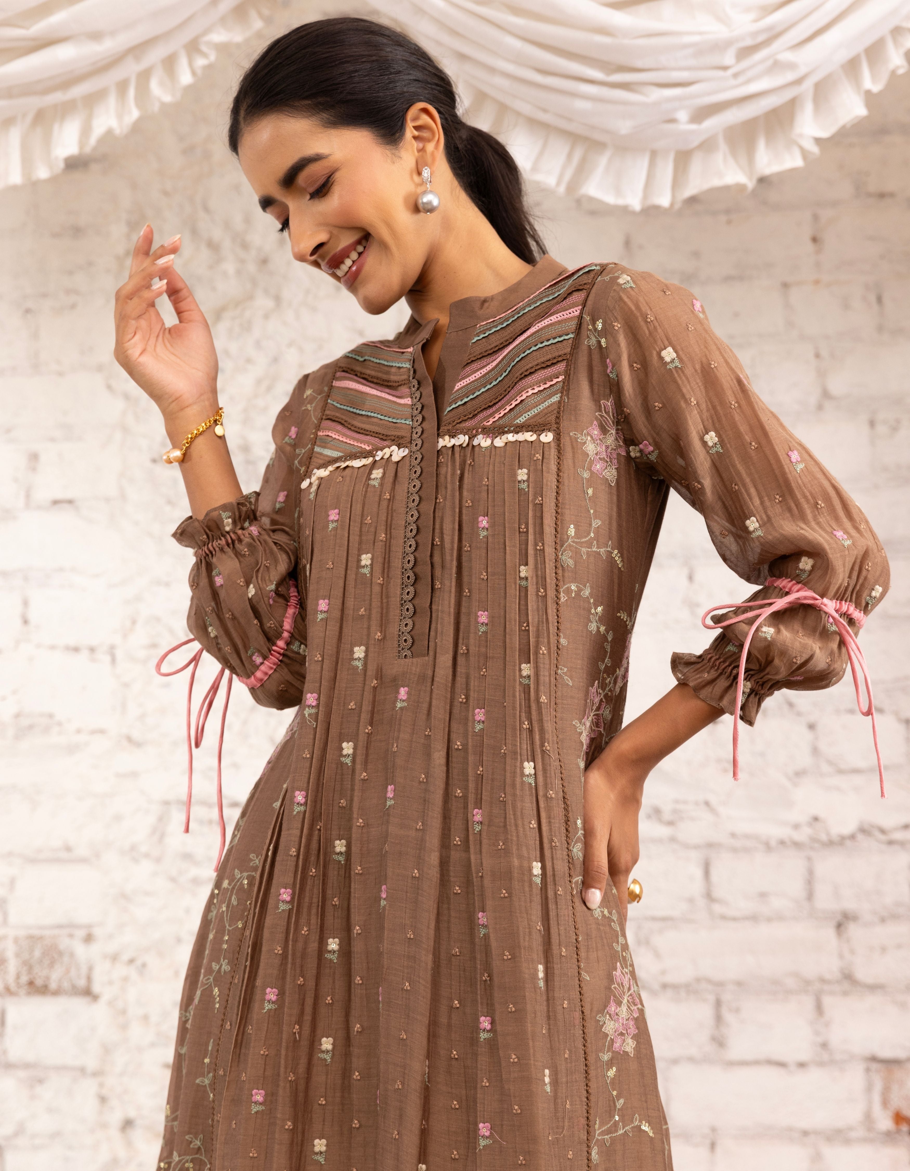 Brown Threadwork Short Yoke  Noor Kurta Set