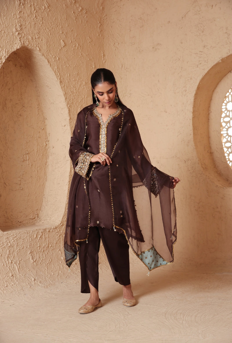 Brown Embroidered Neck Nihira Short Kurta Set