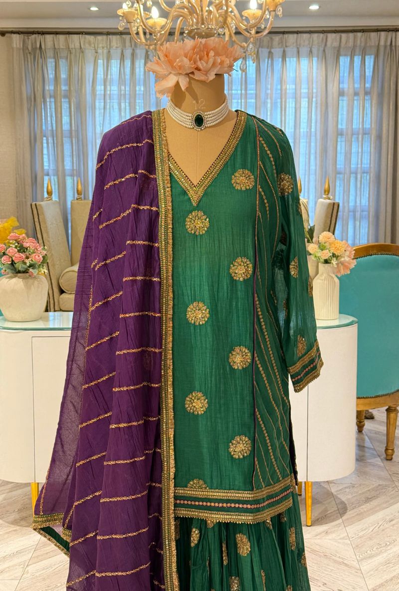 Emerald Green Zari &amp; Sequin Work Kashni Gharara Set