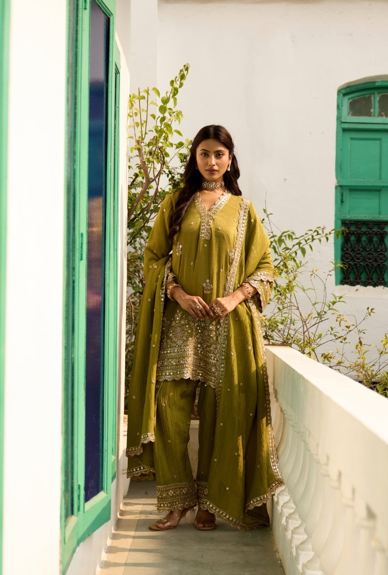 Green Embroidered A-Line Nadira Farshi Salwar Set