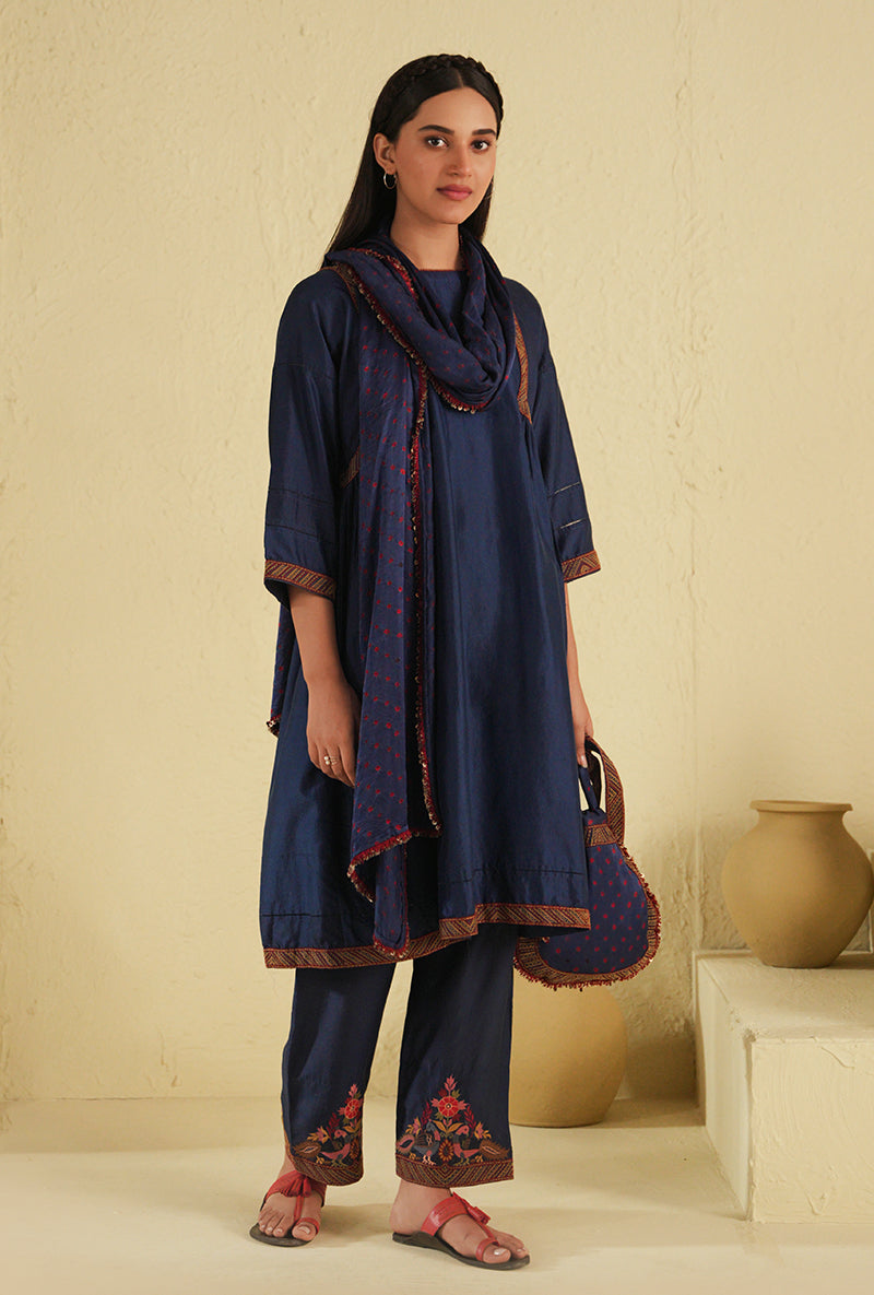 Blue Peacock Side Gathered Noorie Kurta Set