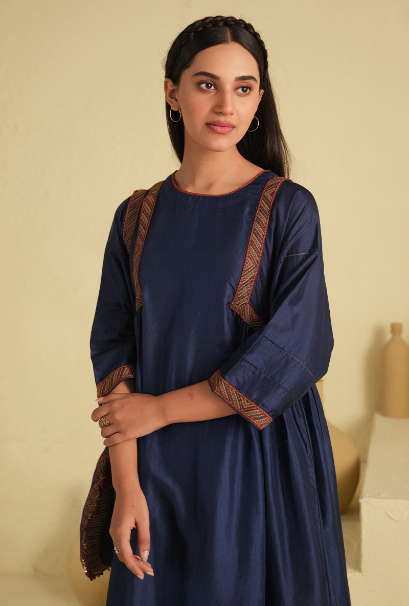 Blue Peacock Side Gathered Noorie Kurta Set