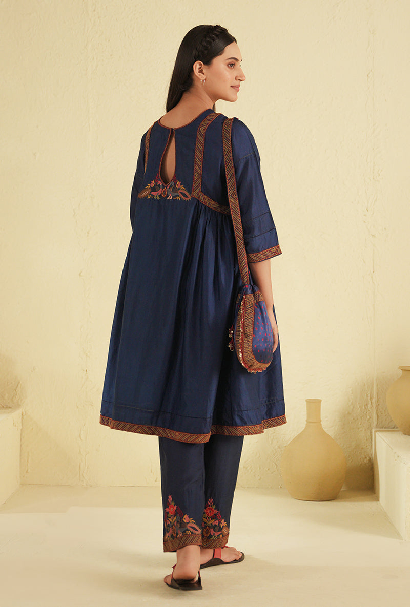 Blue Peacock Side Gathered Noorie Kurta Set