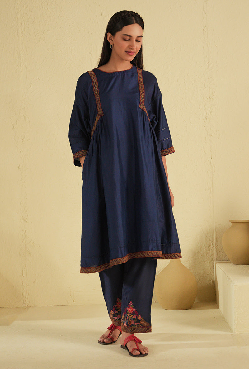 Blue Peacock Side Gathered Noorie Kurta Set