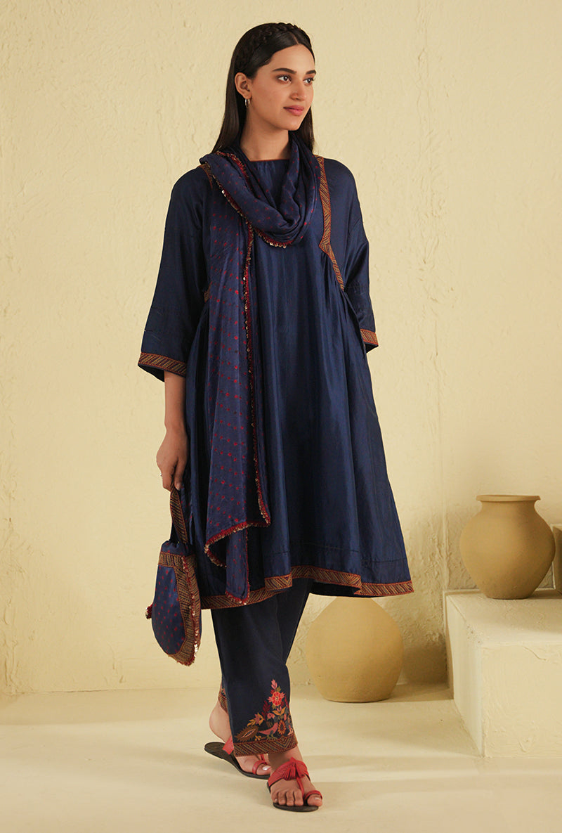 Blue Peacock Side Gathered Noorie Kurta Set