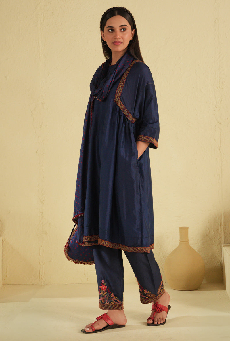 Blue Peacock Side Gathered Noorie Kurta Set