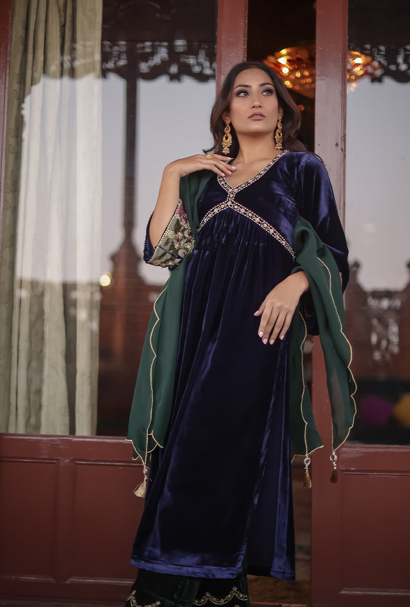 Blue Silk Velvet Jannat Anarkali Set