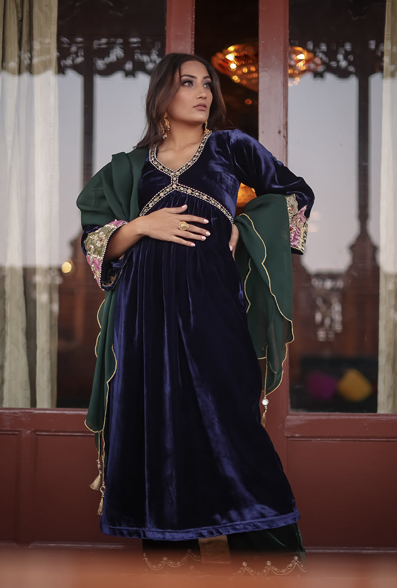 Blue Silk Velvet Jannat Anarkali Set