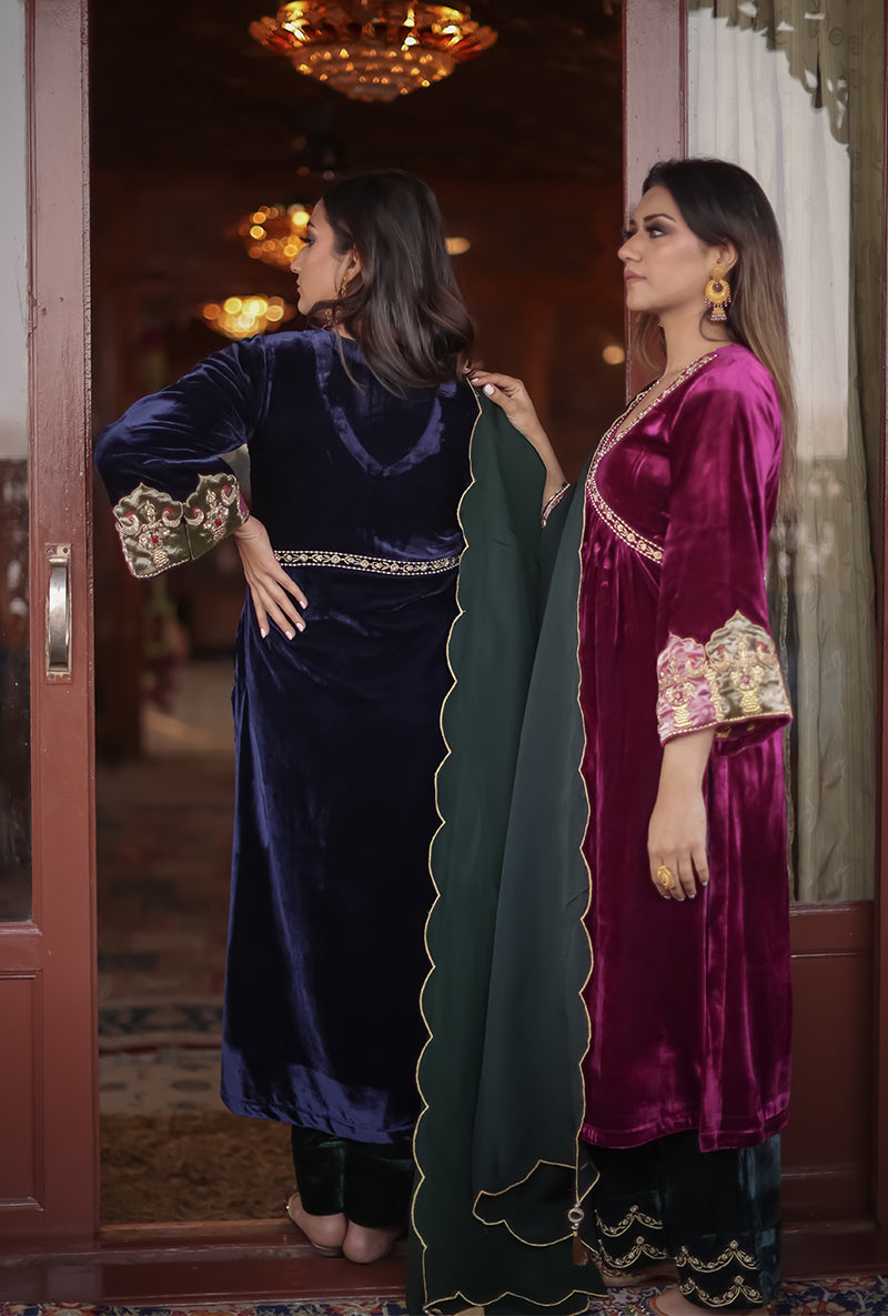 Blue Silk Velvet Jannat Anarkali Set