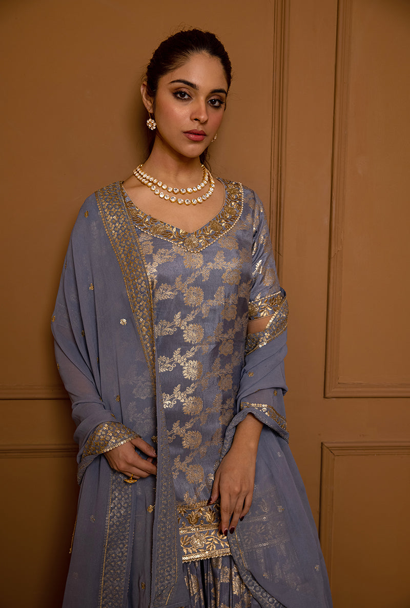 English Blue Multi Banarsi Hoor 2.0 Gharara Set