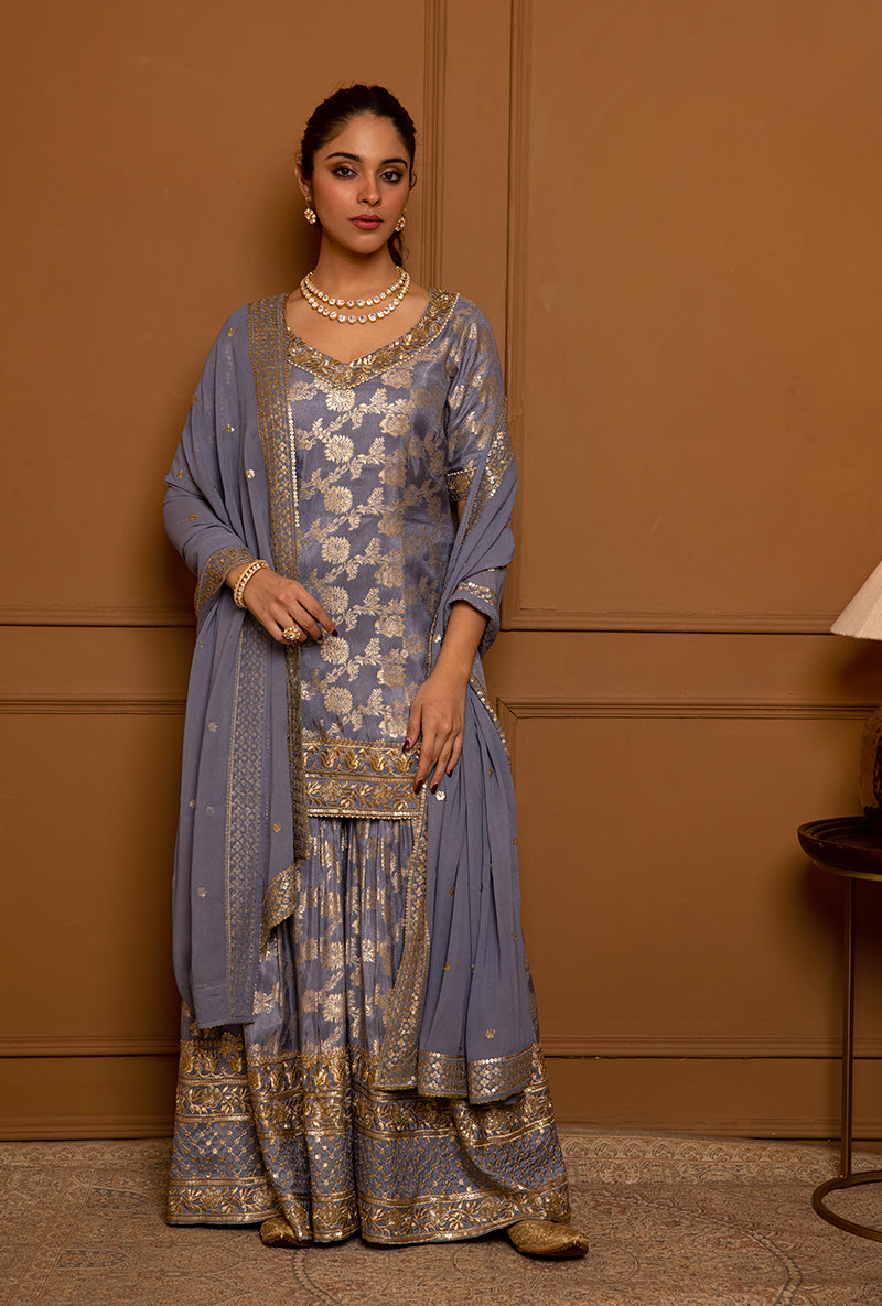 English Blue Multi Banarsi Hoor 2.0 Gharara Set