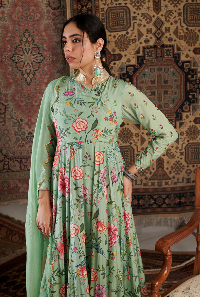 Mint Green Floral Print Aalam Anarkali Set
