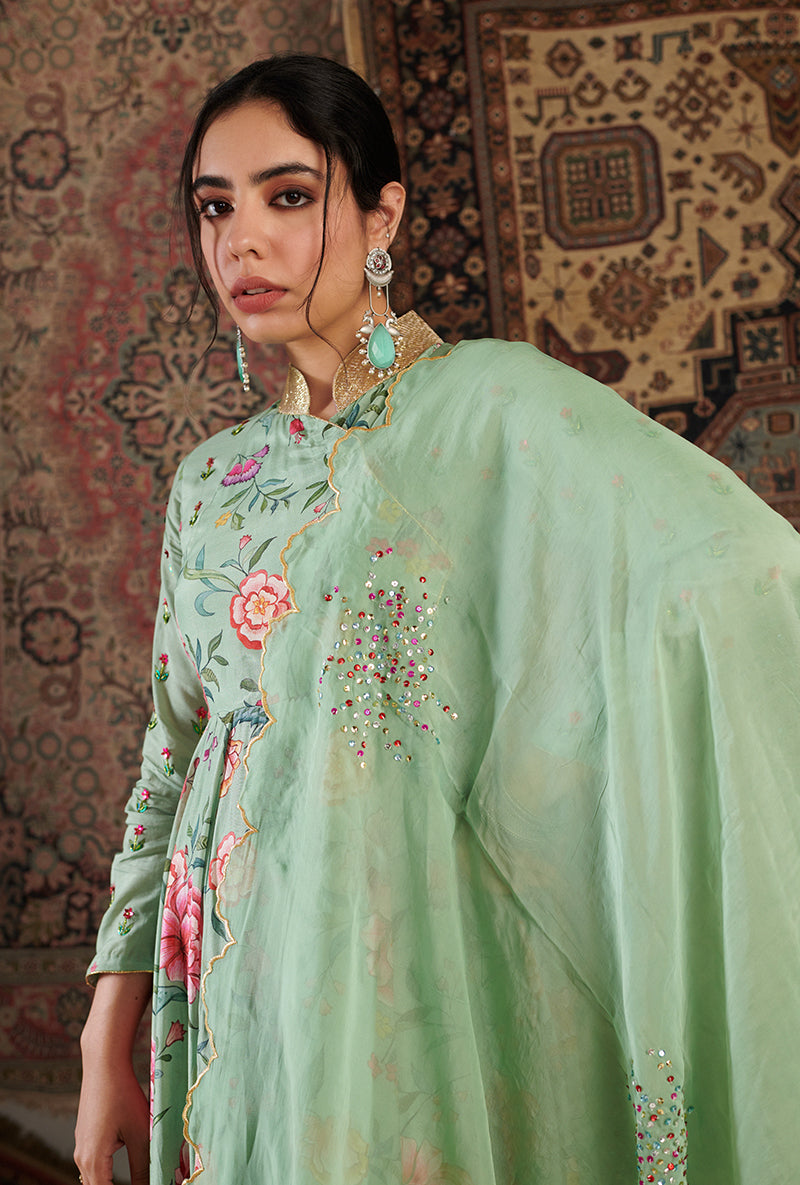 Mint Green Floral Print Aalam Anarkali Set