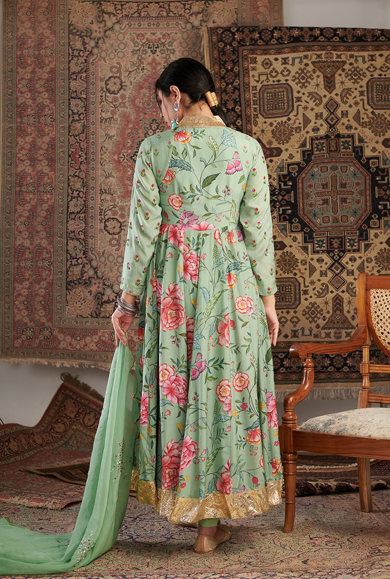 Mint Green Floral Print Aalam Anarkali Set