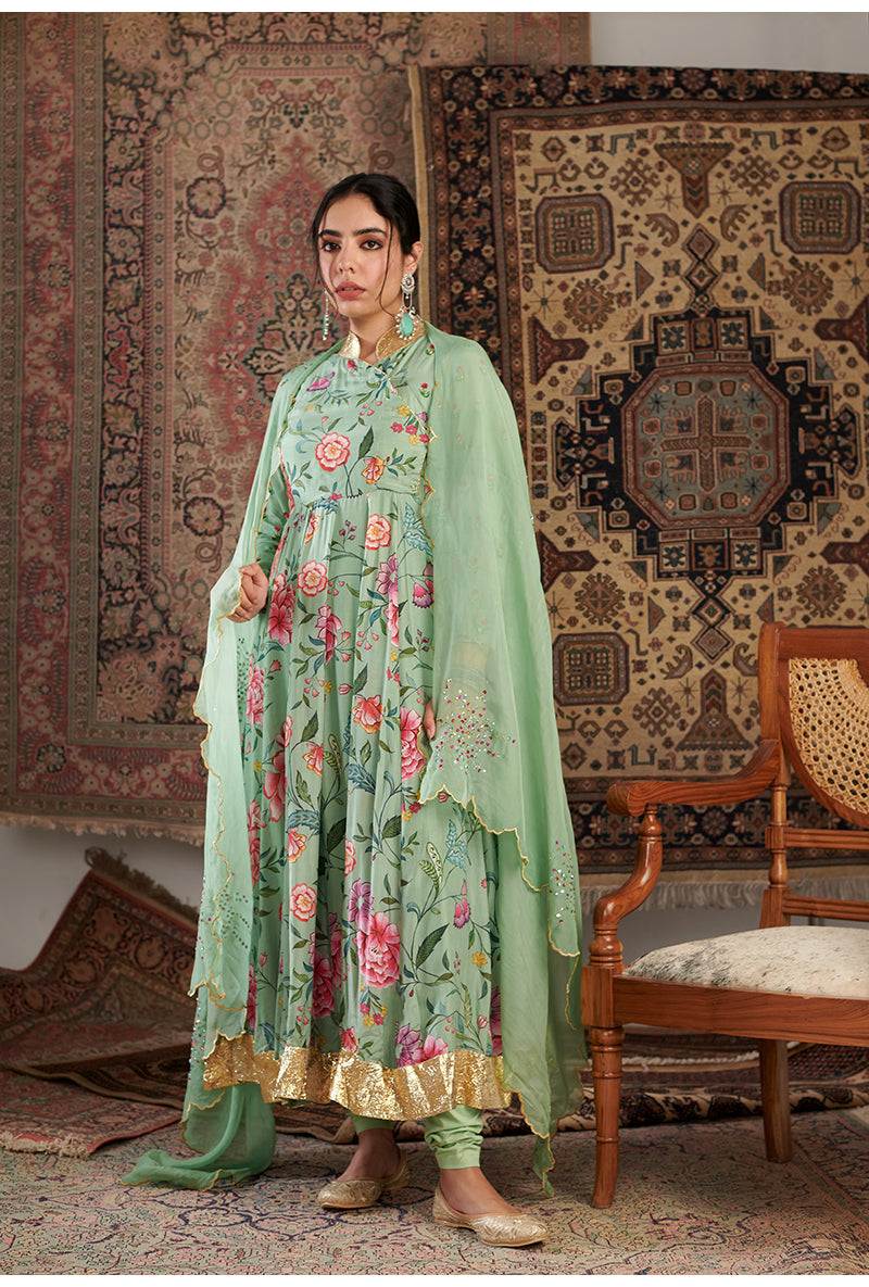 Mint Green Floral Print Aalam Anarkali Set