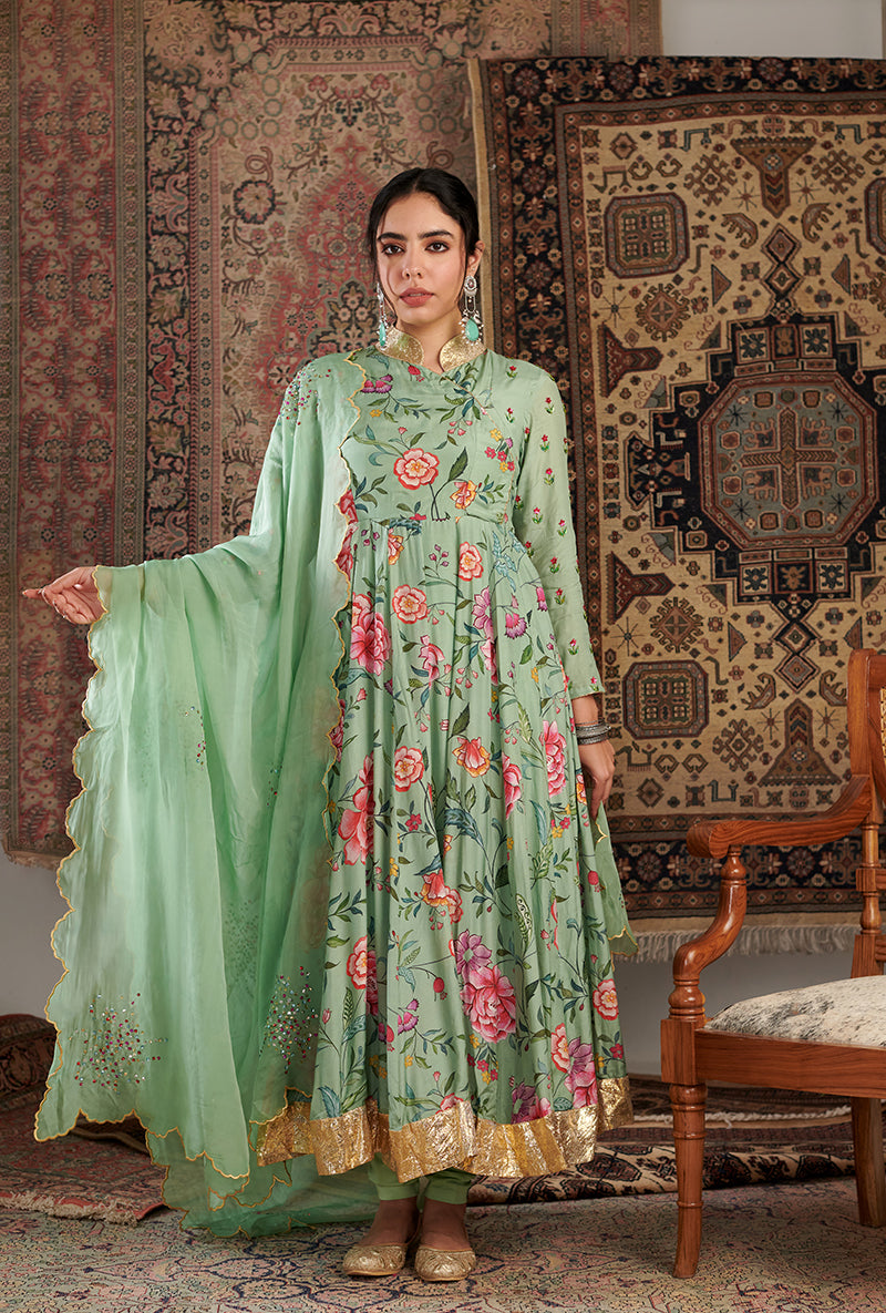 Mint Green Floral Print Aalam Anarkali Set