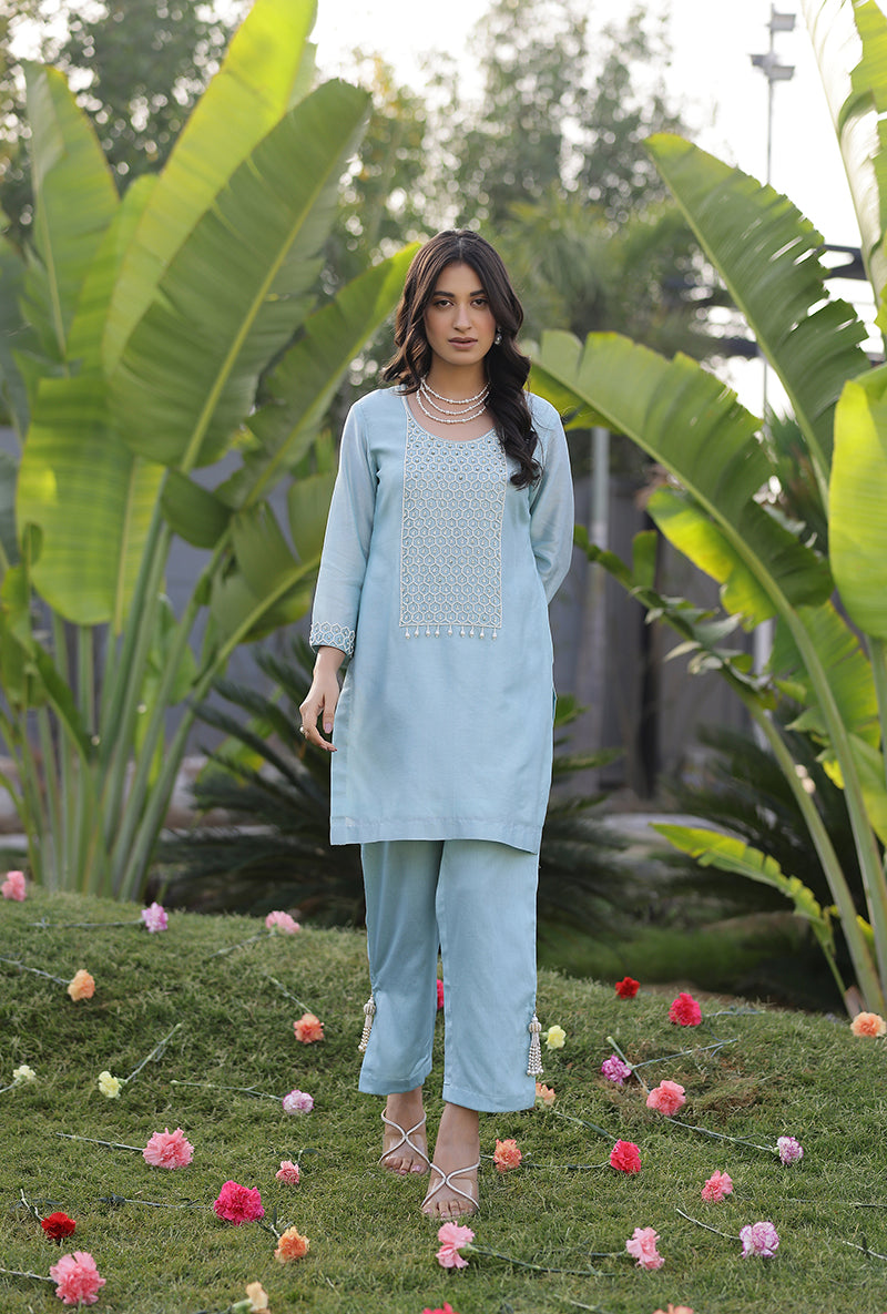 Mint Pearl Yoke Embroidered Magnolia Short Kurta Set