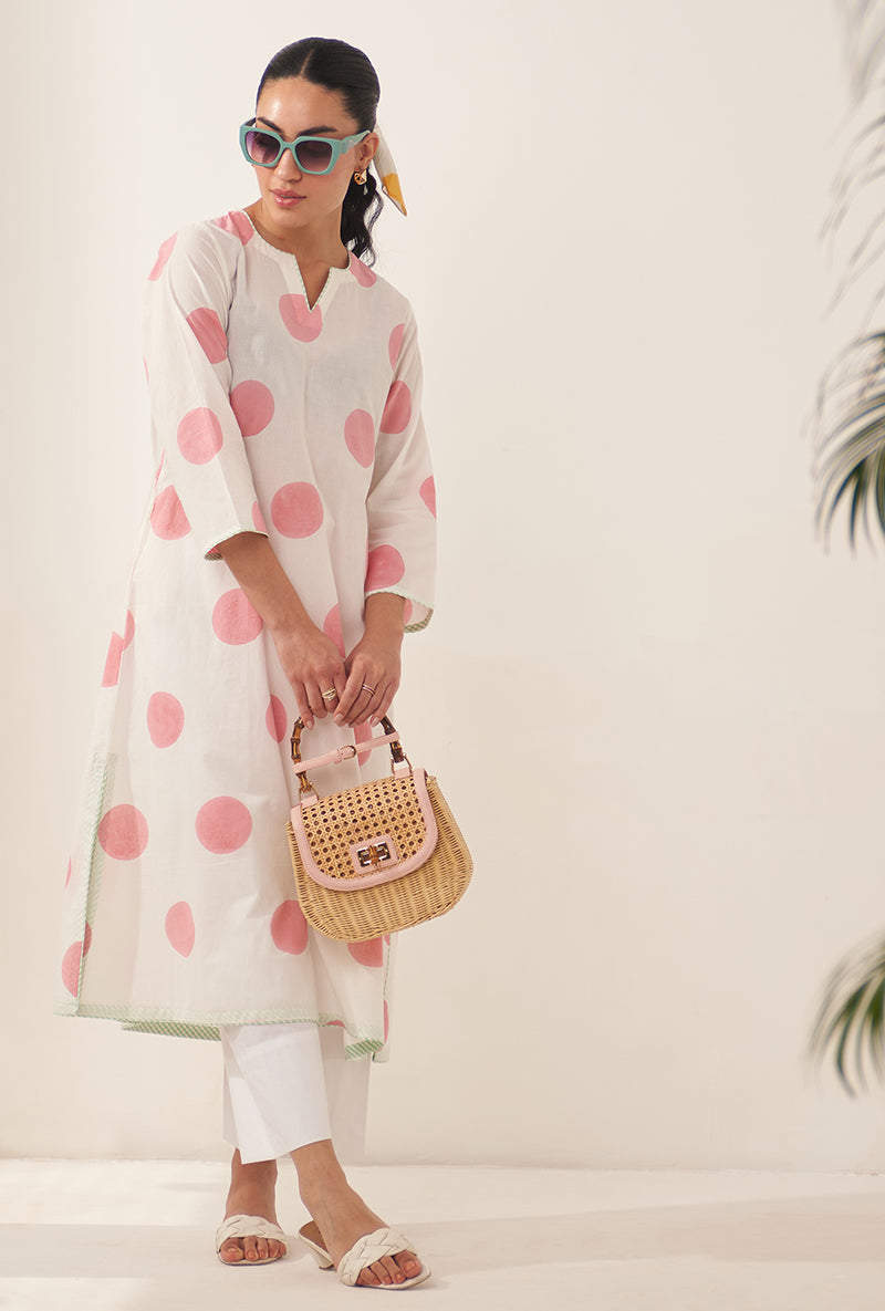 Pink Polka Lovebirds Kurta Set