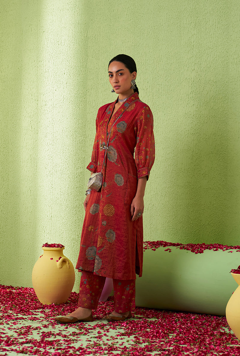 Rani Pink High Collar Floral Print Kurta Set