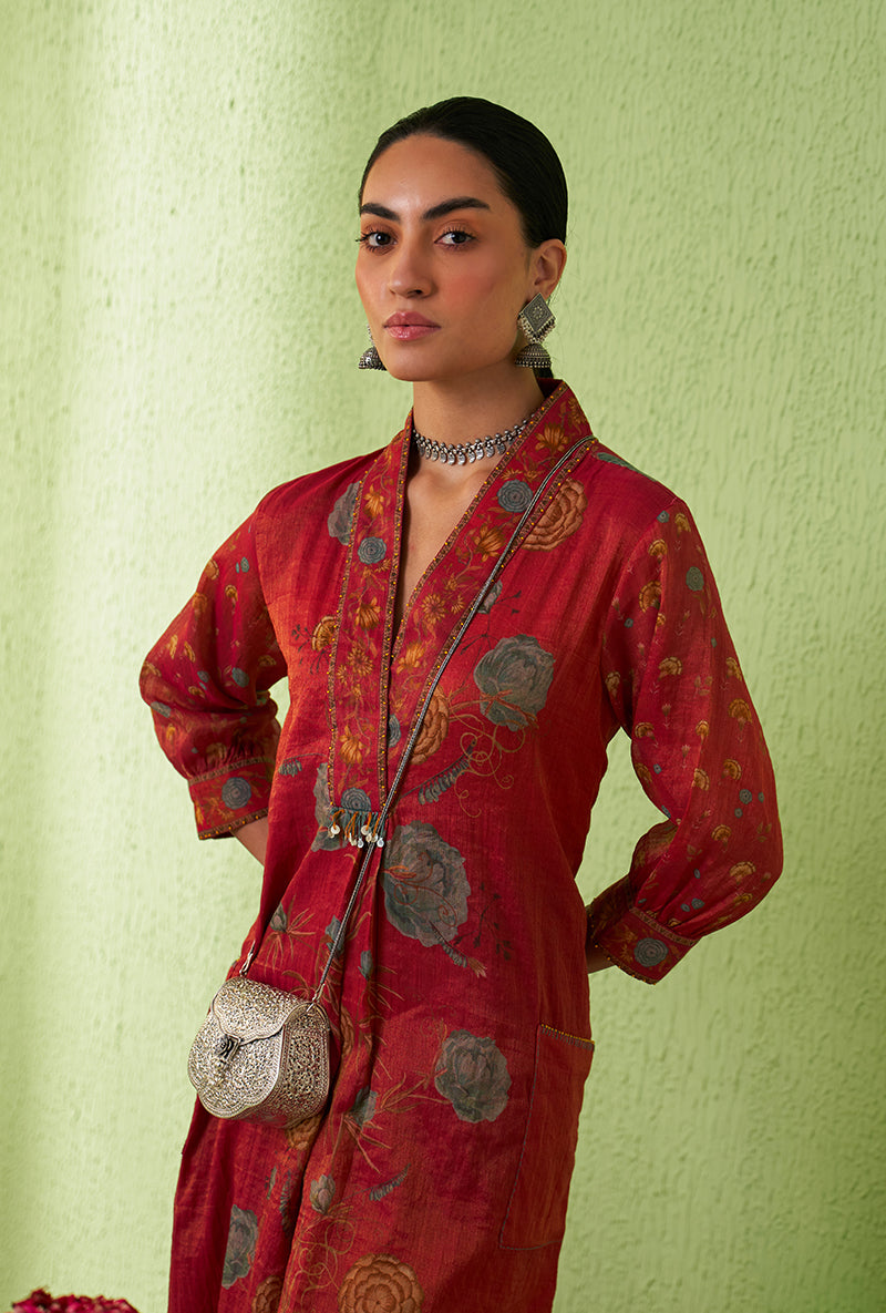 Rani Pink High Collar Floral Print Kurta Set