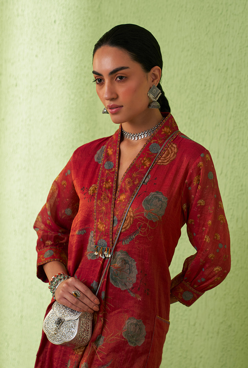 Rani Pink High Collar Floral Print Kurta Set