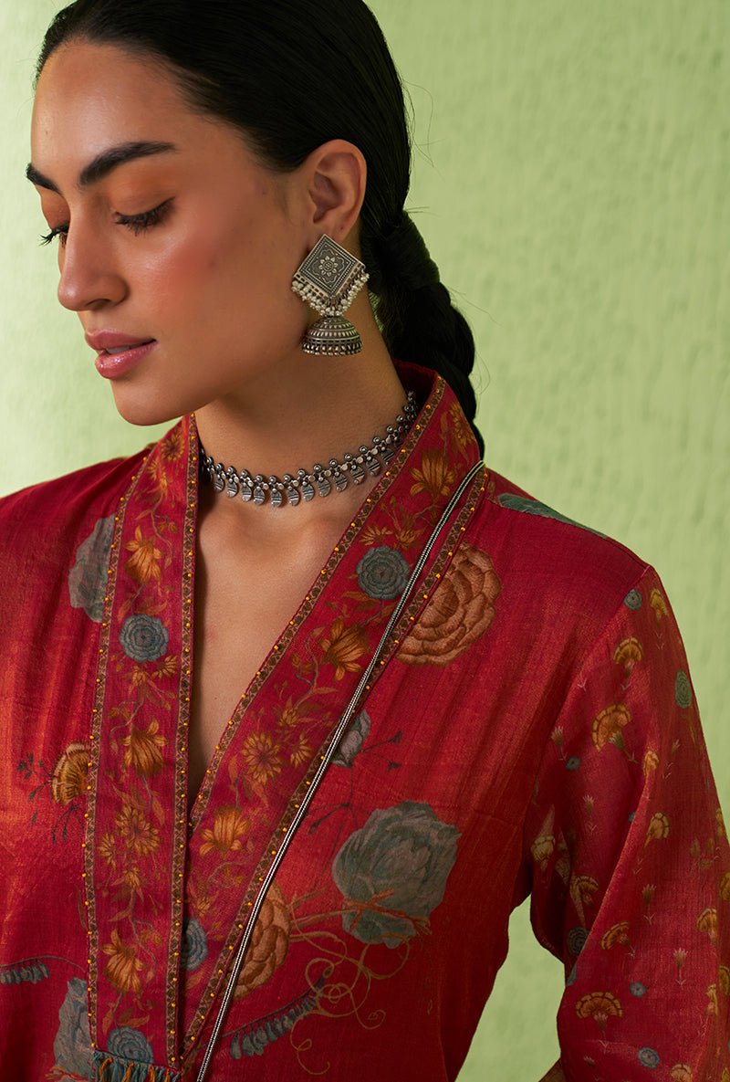 Rani Pink High Collar Floral Print Kurta Set