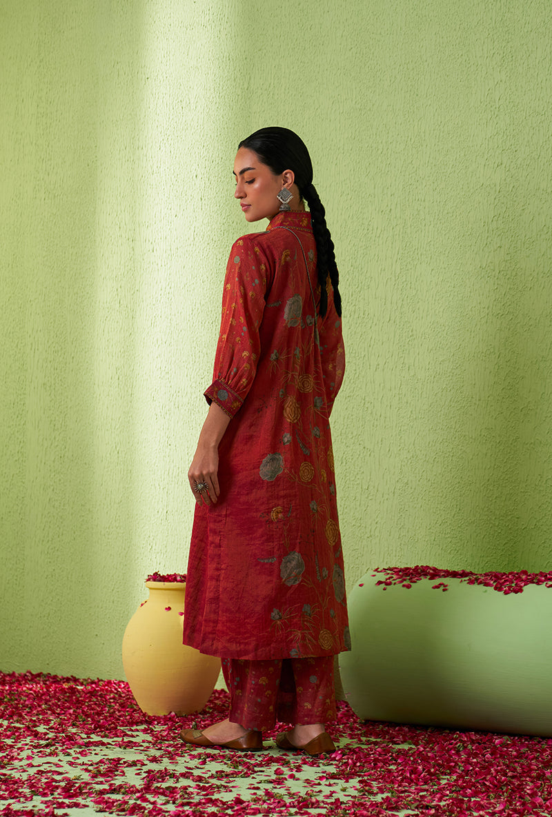 Rani Pink High Collar Floral Print Kurta Set