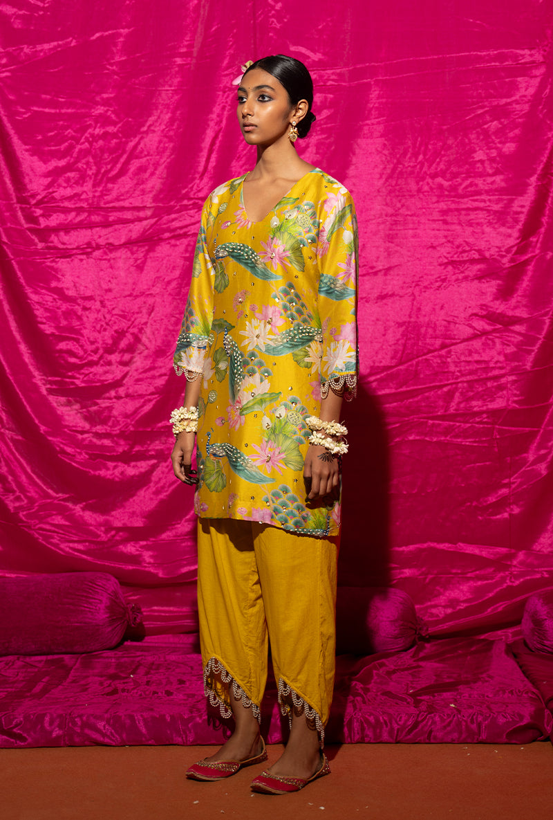 Yellow Printed Short Kamli Kurta Set