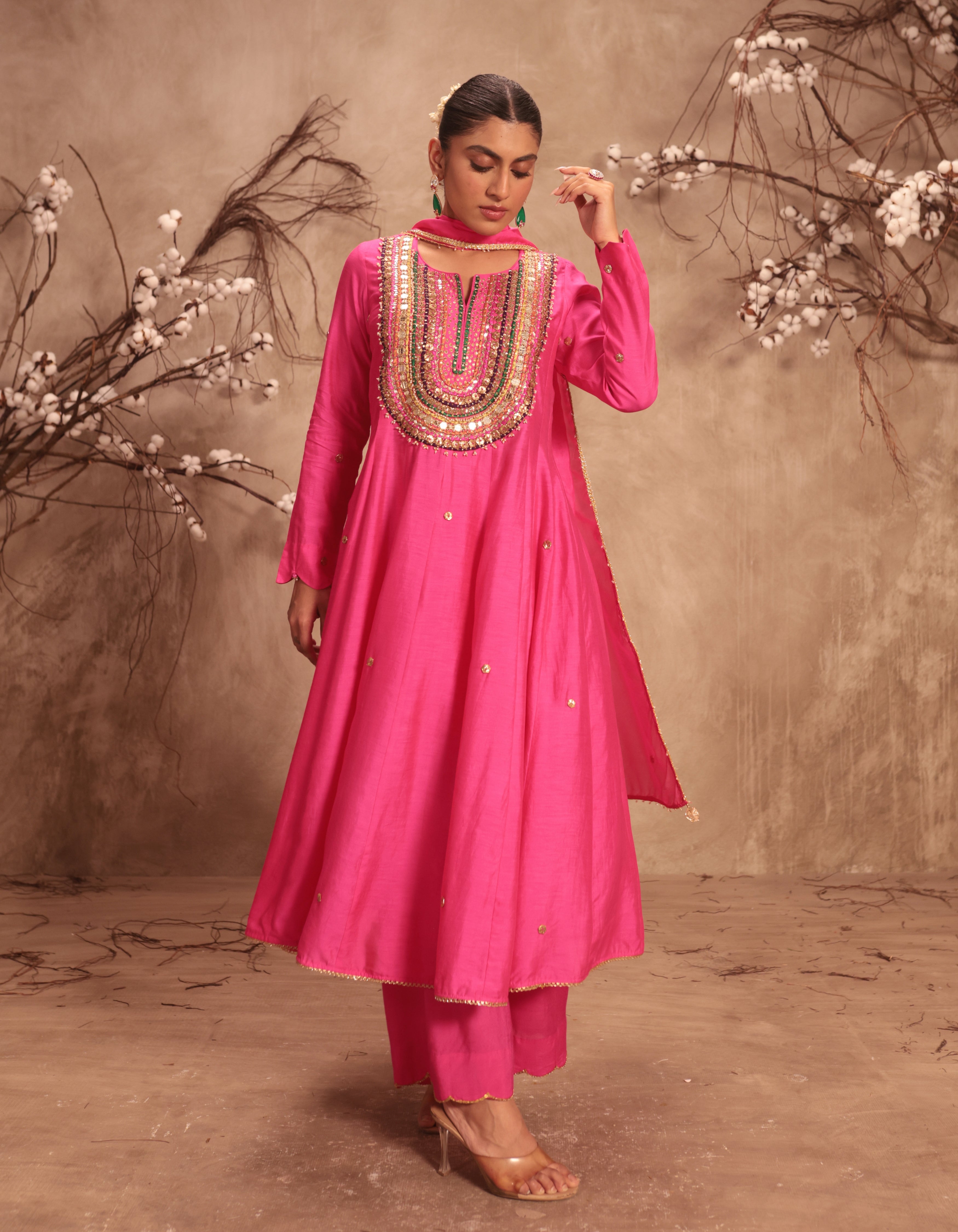 Hot Pink Multicolour Yoke Rani Anarkali Set
