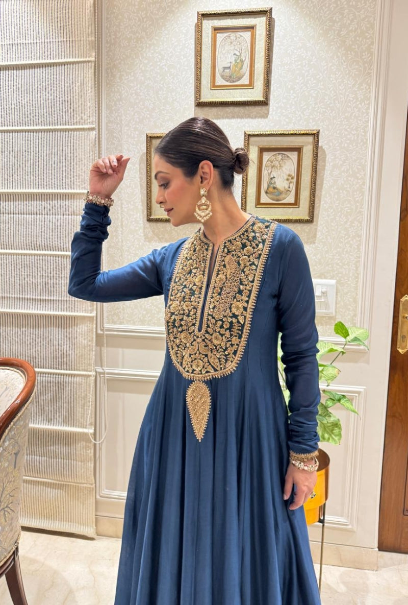 Meghna Nayyar in Blue Embroidered Heavy Yoke Mehfil Anarakali Set
