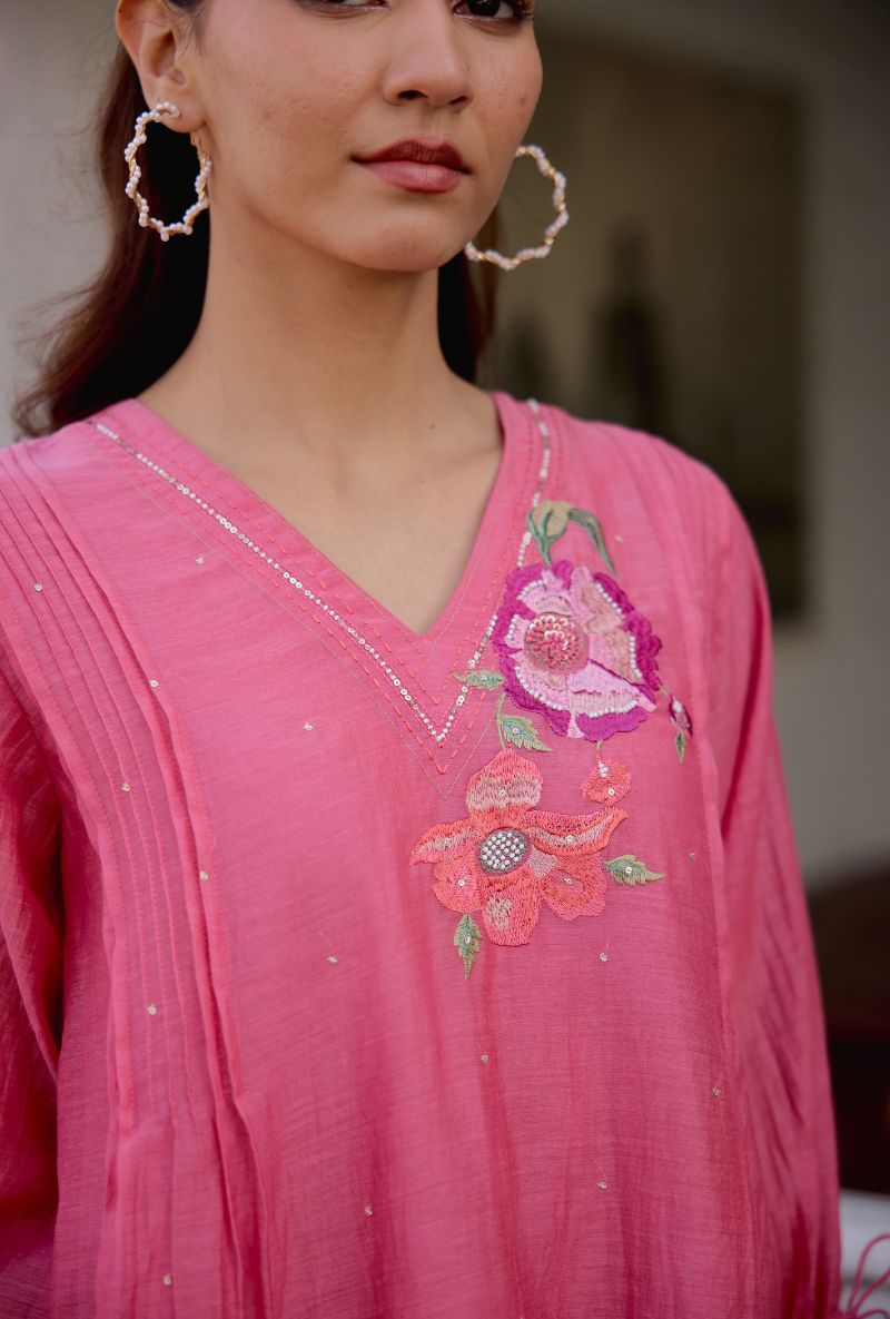Pink Floral Embroidered With Pintucks Vaidehi Co-ord Set