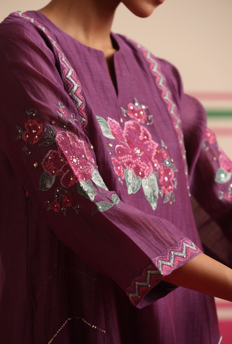 Purple Embroidered Floral Applique Yoke Kairi Co-ord Set