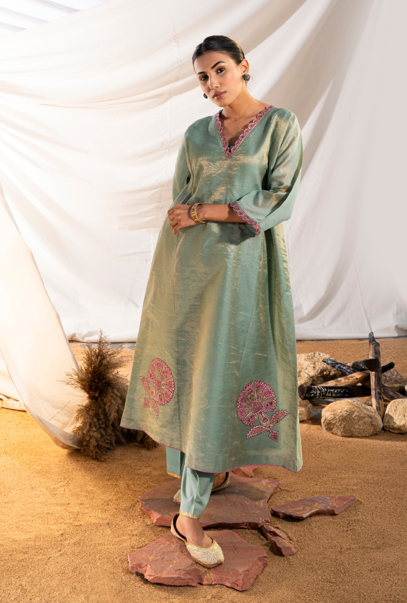 Sage Green Handloom Cotton Zari Tissue Embroidered Kiara Kurta Set