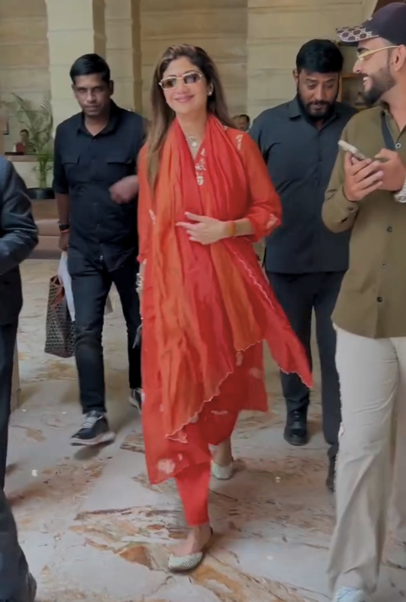 Shilpa Shetty in Orange Polka Hand Block Ruhi Kurta Set