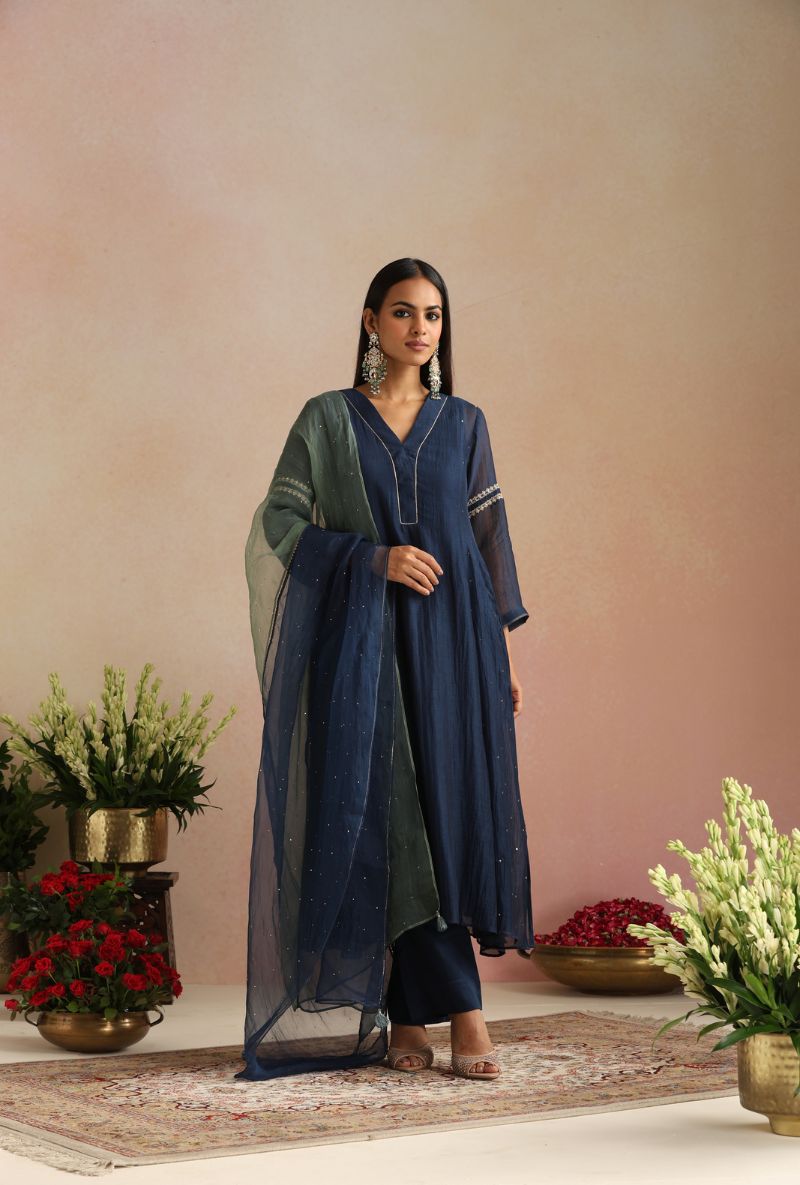 Navy Blue Zari Embroidery Itrh Kurta Set