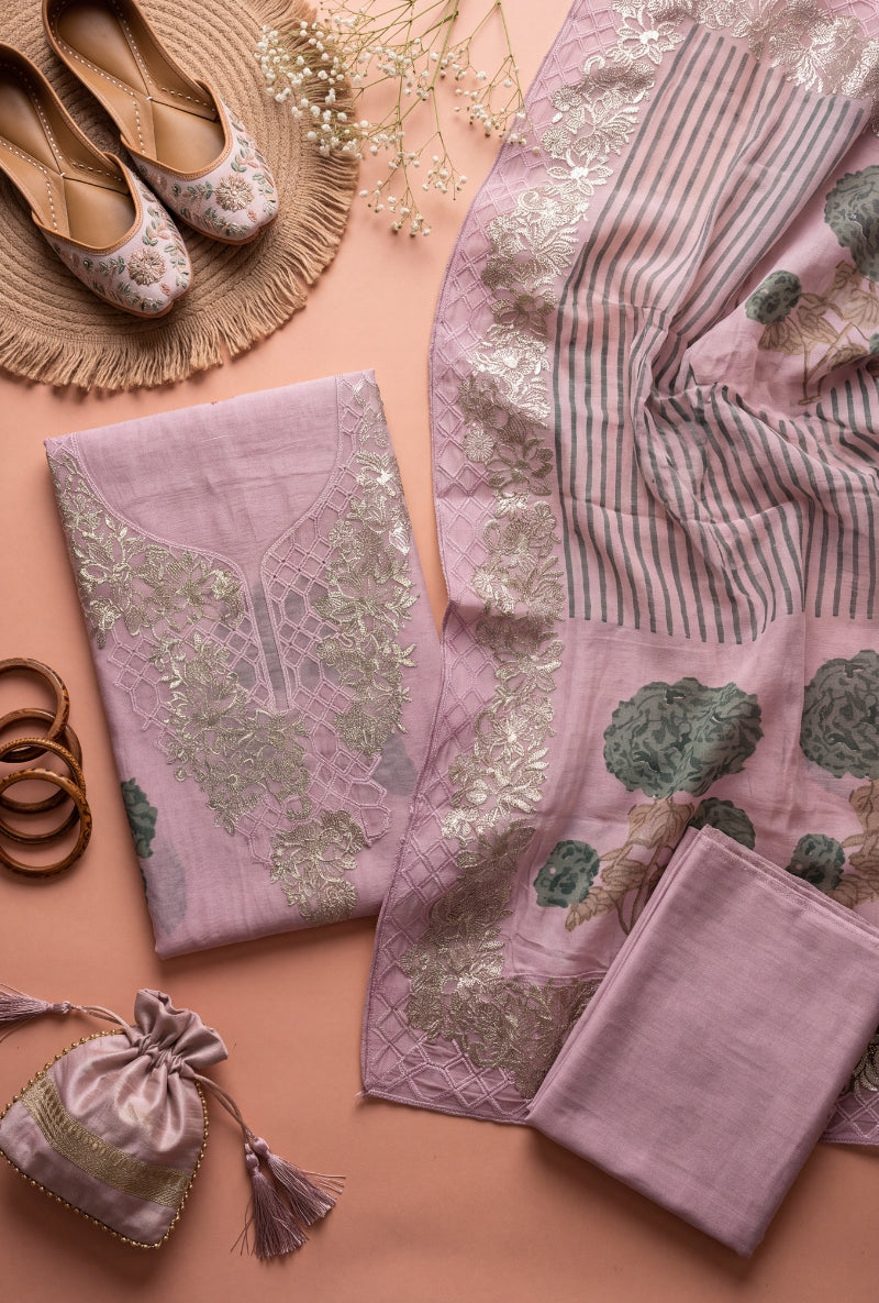 Foil work Yoke Block Print Unstitched Suit Set