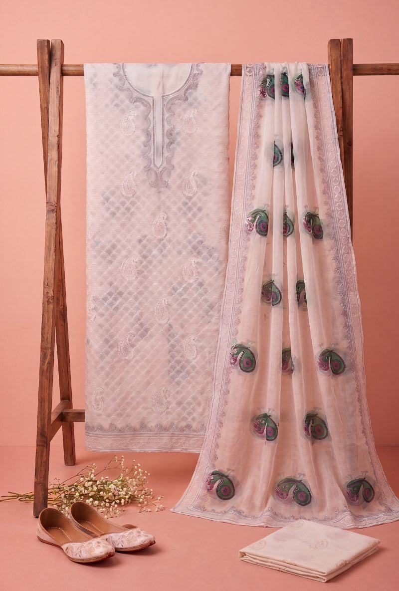 All Over Block Print Lucknowi Embroidery Unstitched Suit Set