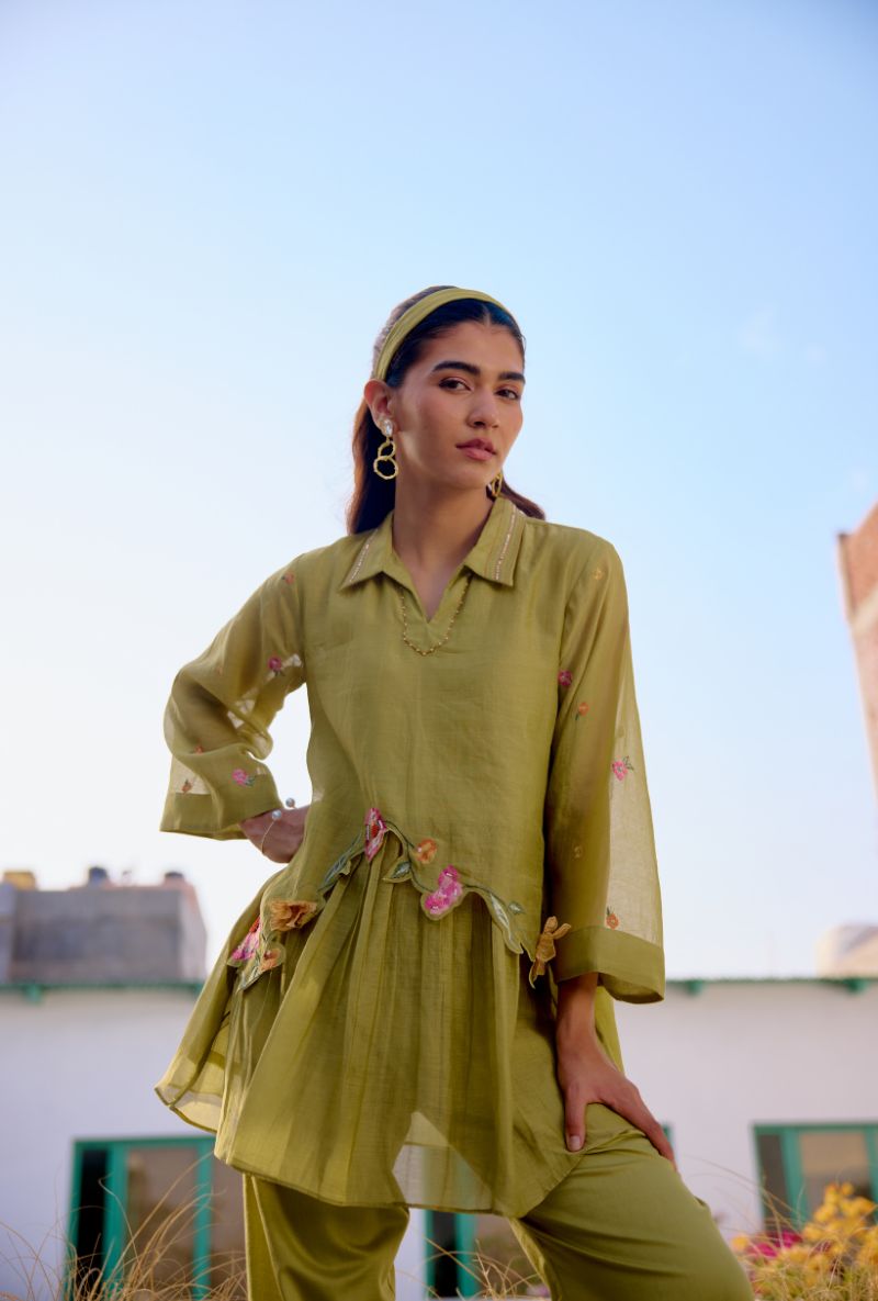 Green Floral Embroidered With Sequins Vaidehi Co-ord Set